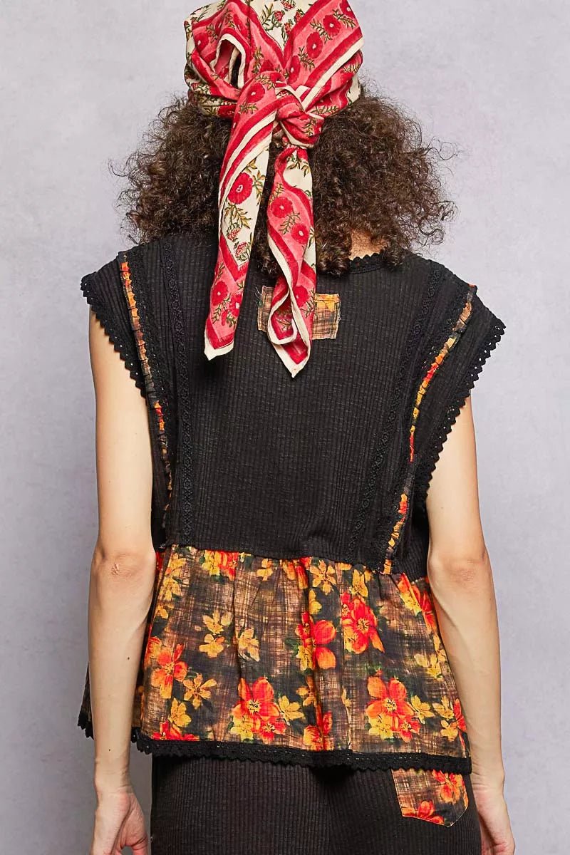 POL Lace Detail Floral Cropped Ruffled Top - Bitsy Gypsy Boutique