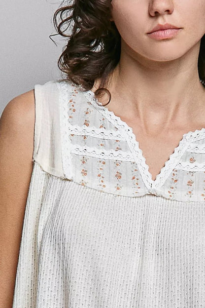 POL Lace Detail Floral Double Gauze Patch Sleeveless Top - Bitsy Gypsy Boutique