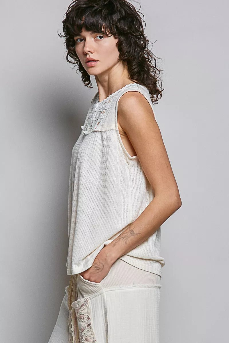 POL Lace Detail Floral Double Gauze Patch Sleeveless Top - Bitsy Gypsy Boutique