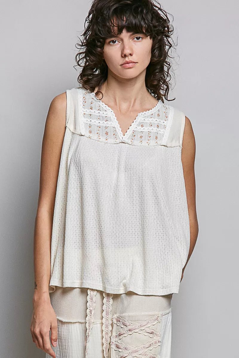 POL Lace Detail Floral Double Gauze Patch Sleeveless Top - Bitsy Gypsy Boutique