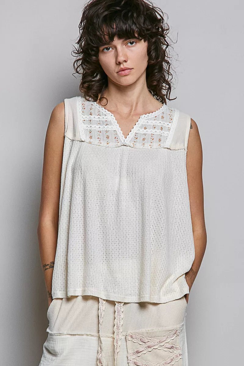 POL Lace Detail Floral Double Gauze Patch Sleeveless Top - Bitsy Gypsy Boutique