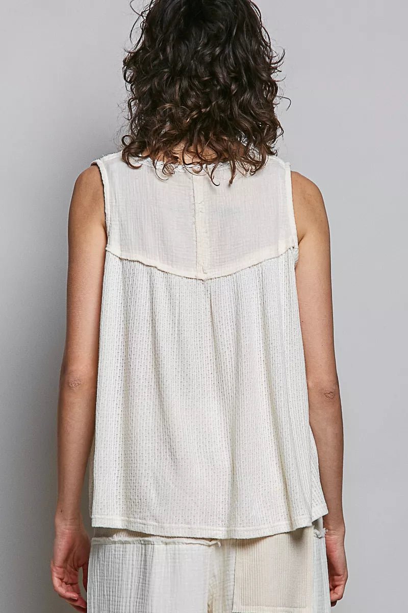 POL Lace Detail Floral Double Gauze Patch Sleeveless Top - Bitsy Gypsy Boutique