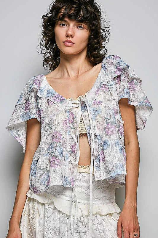 POL Lace Detail Floral Tie Front Ruffle Short Sleeve Blouse - Bitsy Gypsy Boutique