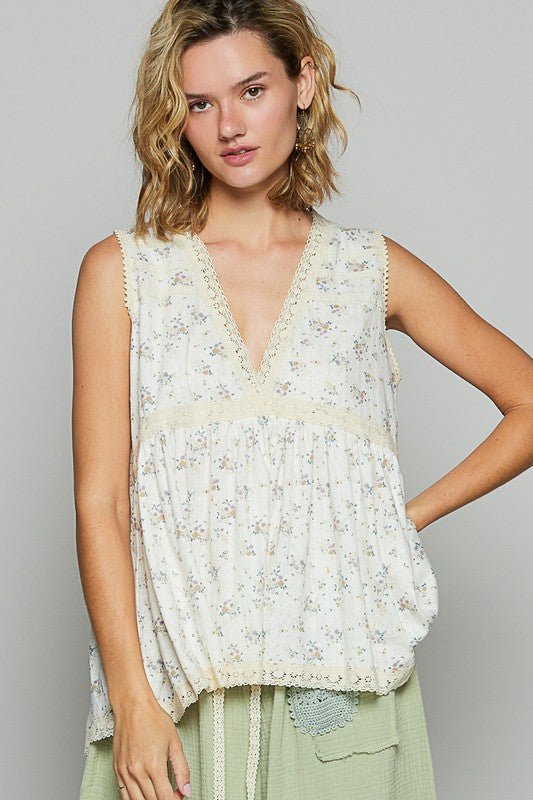 POL Lace Detail Floral V - Neck Sleeveless Top - Bitsy Gypsy Boutique