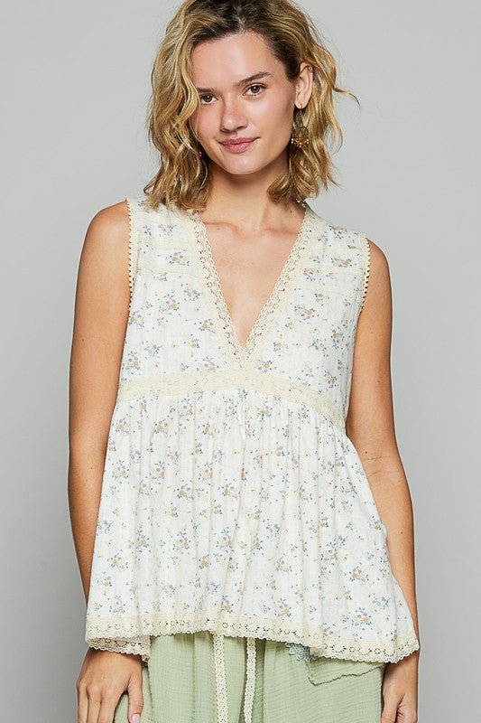 POL Lace Detail Floral V - Neck Sleeveless Top - Bitsy Gypsy Boutique