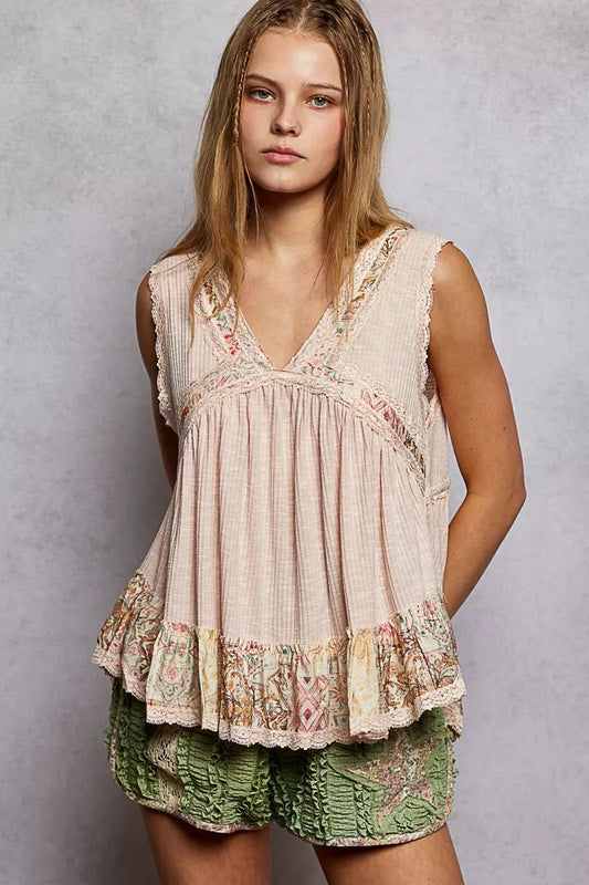 POL Lace Detail Ruffled Ribbed Sleeveless Top with Floral Pattern Trim Detail - Bitsy Gypsy Boutique