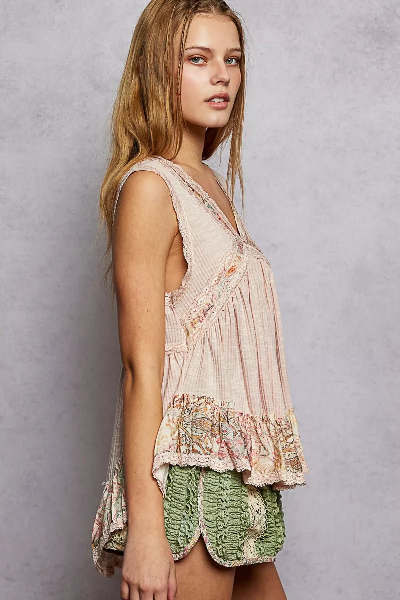 POL Lace Detail Ruffled Ribbed Sleeveless Top with Floral Pattern Trim Detail - Bitsy Gypsy Boutique