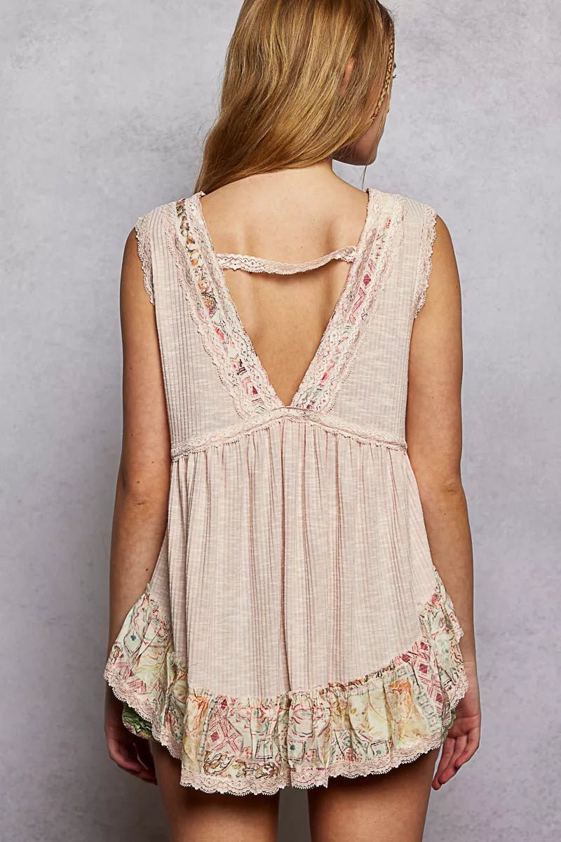 POL Lace Detail Ruffled Ribbed Sleeveless Top with Floral Pattern Trim Detail - Bitsy Gypsy Boutique