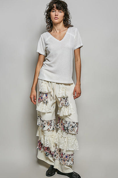 POL Lace Detail V - Neck Short Sleeve Textured T-Shirt - Bitsy Gypsy Boutique