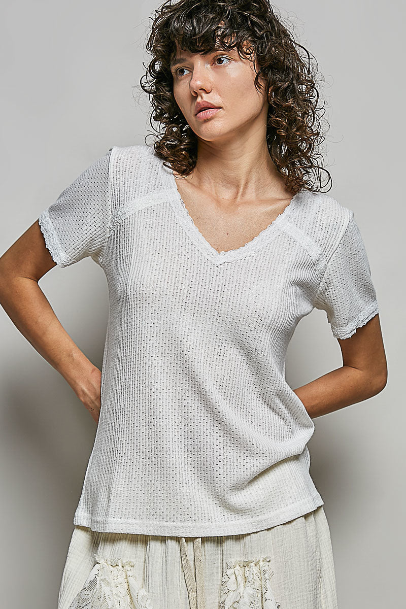 POL Lace Detail V - Neck Short Sleeve Textured T-Shirt - Bitsy Gypsy Boutique