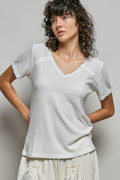 POL Lace Detail V - Neck Short Sleeve Textured T-Shirt - Bitsy Gypsy Boutique