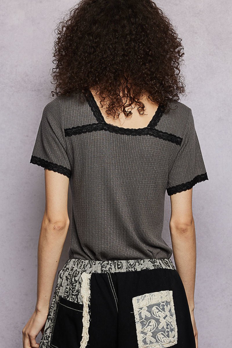 POL Lace Detail V - Neck Short Sleeve Textured T-Shirt - Bitsy Gypsy Boutique