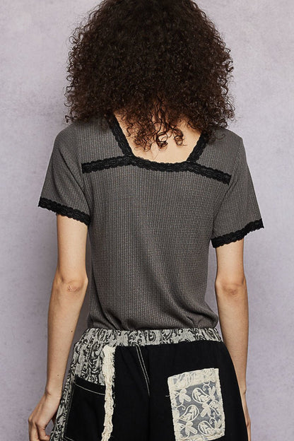 POL Lace Detail V - Neck Short Sleeve Textured T-Shirt - Bitsy Gypsy Boutique