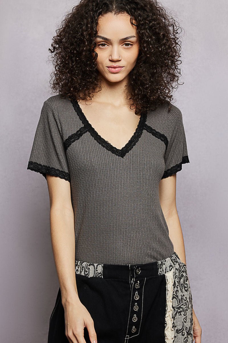 POL Lace Detail V - Neck Short Sleeve Textured T-Shirt - Bitsy Gypsy Boutique