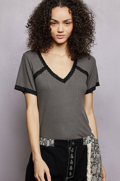 POL Lace Detail V - Neck Short Sleeve Textured T-Shirt - Bitsy Gypsy Boutique