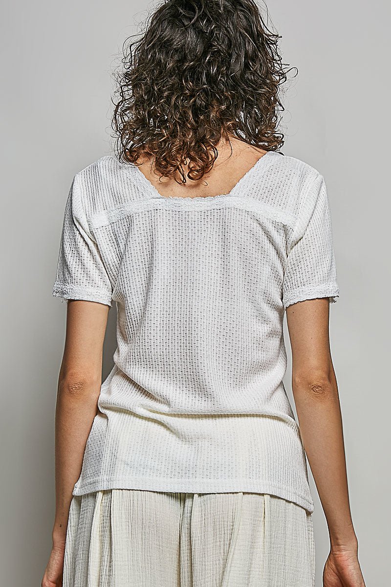POL Lace Detail V - Neck Short Sleeve Textured T-Shirt - Bitsy Gypsy Boutique