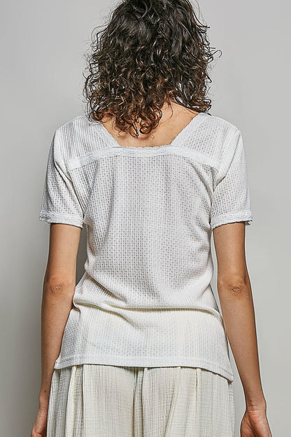 POL Lace Detail V - Neck Short Sleeve Textured T-Shirt - Bitsy Gypsy Boutique