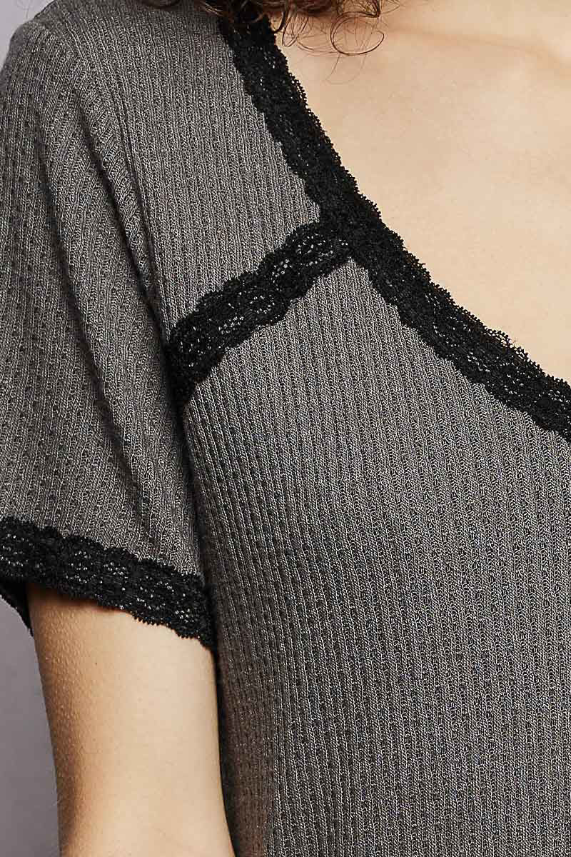 POL Lace Detail V - Neck Short Sleeve Textured T-Shirt - Bitsy Gypsy Boutique