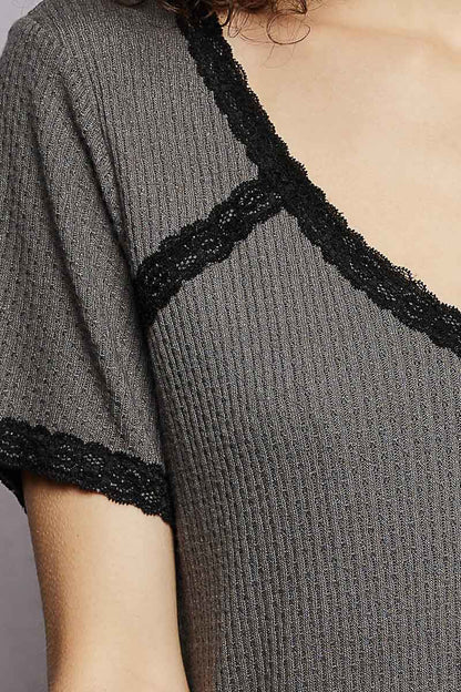 POL Lace Detail V - Neck Short Sleeve Textured T-Shirt - Bitsy Gypsy Boutique