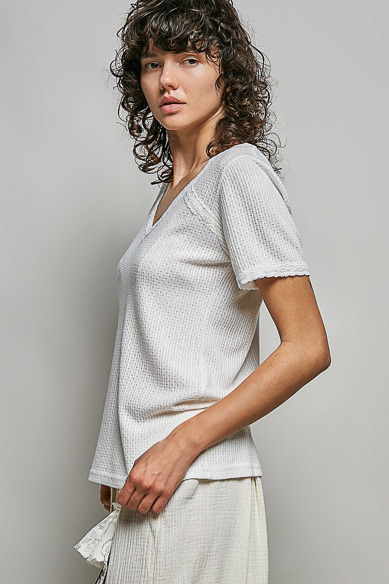 POL Lace Detail V - Neck Short Sleeve Textured T-Shirt - Bitsy Gypsy Boutique