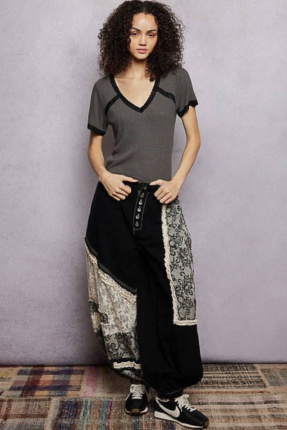 POL Lace Detail V - Neck Short Sleeve Textured T-Shirt - Bitsy Gypsy Boutique