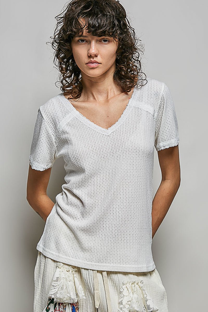 POL Lace Detail V - Neck Short Sleeve Textured T-Shirt - Bitsy Gypsy Boutique