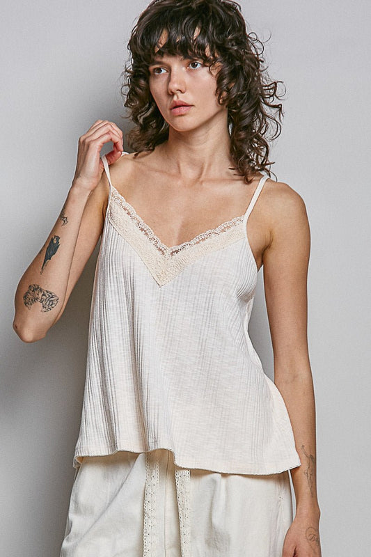 POL Lace Detail V - Neck Textured Knit Cami - Bitsy Gypsy Boutique