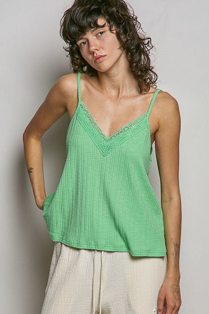 POL Lace Detail V - Neck Textured Knit Cami - Bitsy Gypsy Boutique