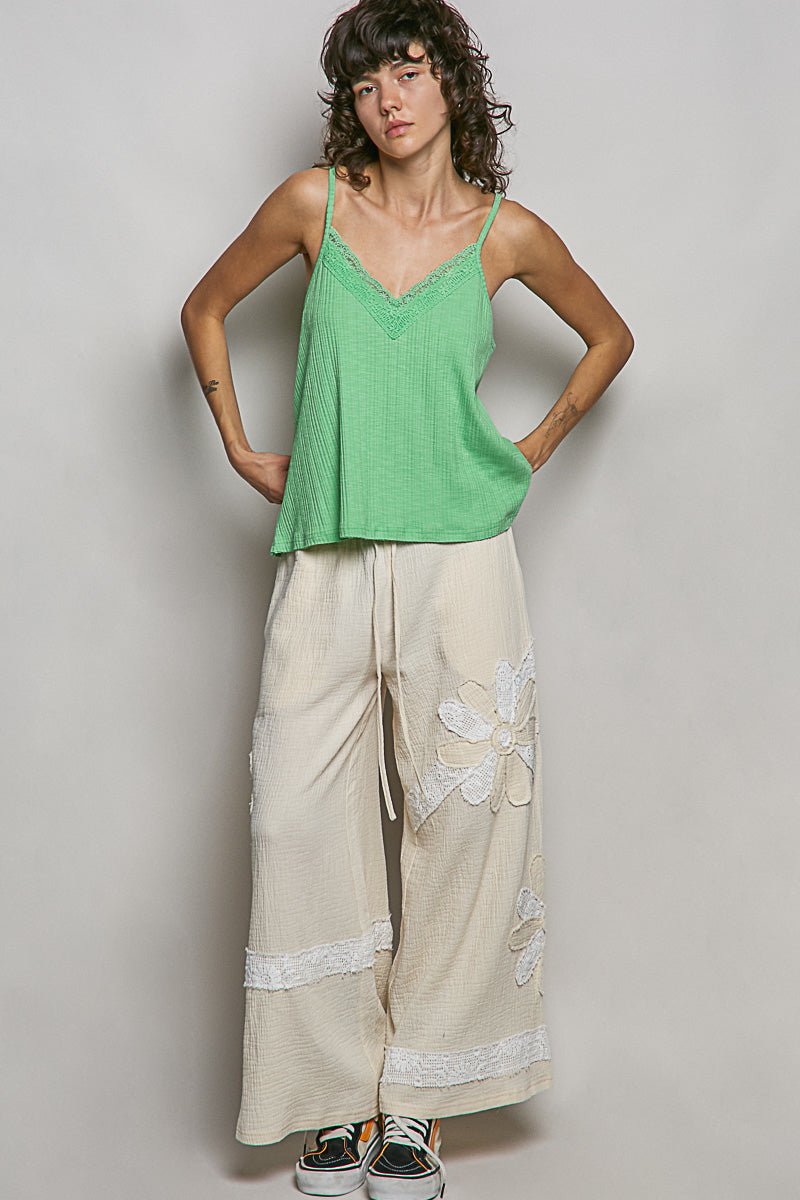 POL Lace Detail V - Neck Textured Knit Cami - Bitsy Gypsy Boutique