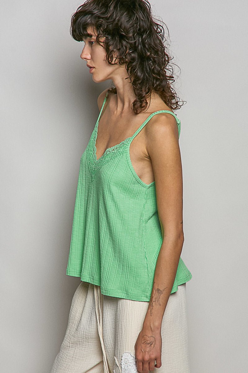 POL Lace Detail V - Neck Textured Knit Cami - Bitsy Gypsy Boutique