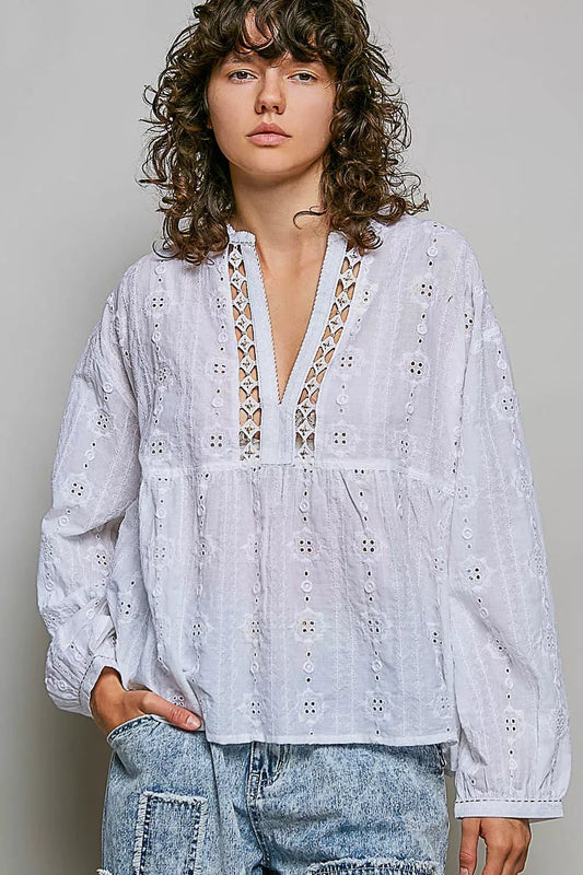 POL Lace Eyelet Long Sleeve Cotton Blouse - Bitsy Gypsy Boutique