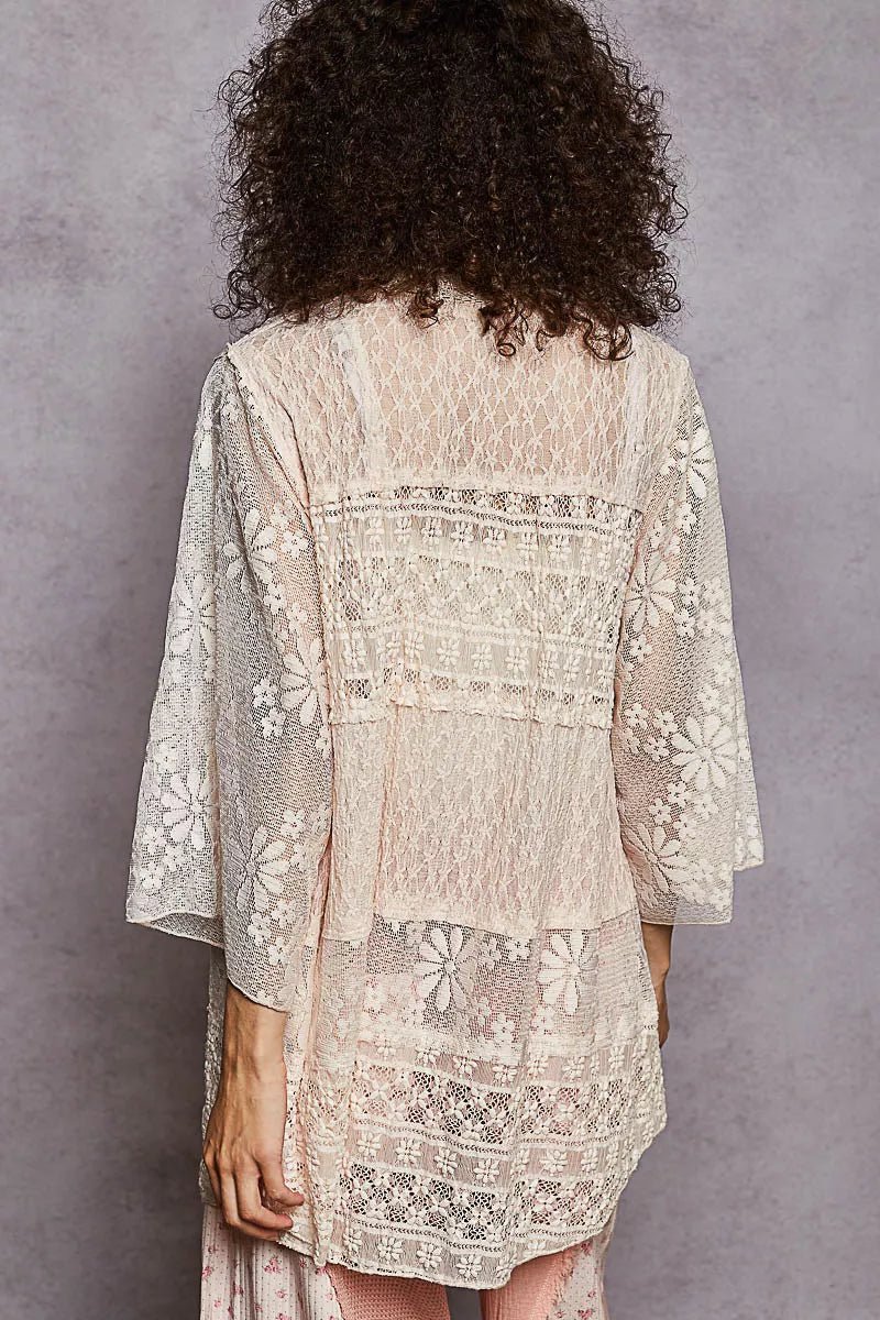 POL Lace Floral Open Front Cardigan with Trim Detail - Bitsy Gypsy Boutique