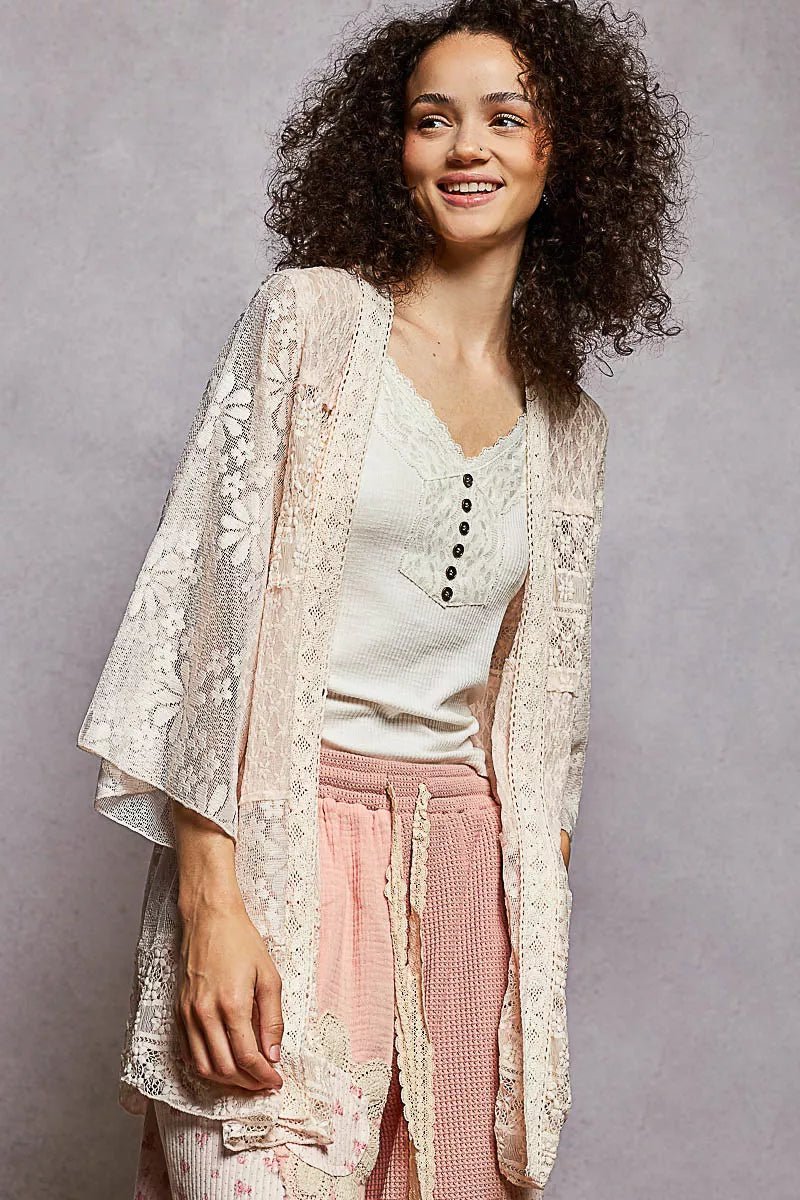 POL Lace Floral Open Front Cardigan with Trim Detail - Bitsy Gypsy Boutique