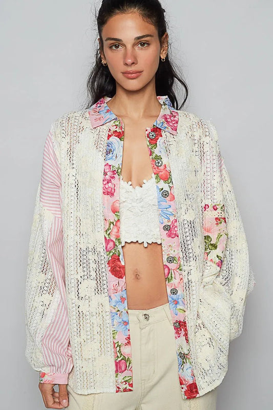 POL Lace Long Sleeve Shirt with Floral and Striped Pattern - Bitsy Gypsy Boutique