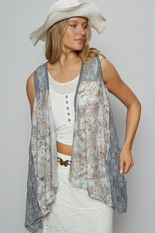 POL Lace Patchwork Floral Open Front Sleeveless Cardigan - Bitsy Gypsy Boutique