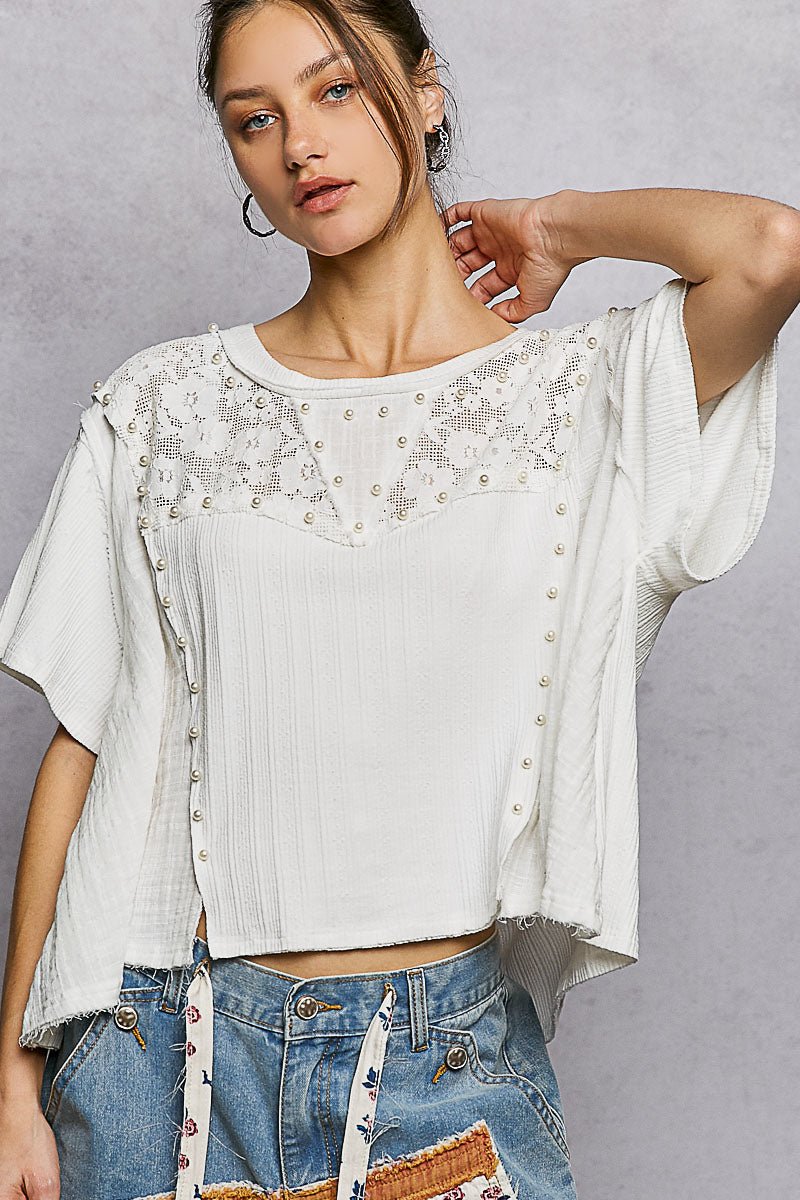 POL Lace Pearl Stud Round Neck Short Sleeve Shirt - Bitsy Gypsy Boutique