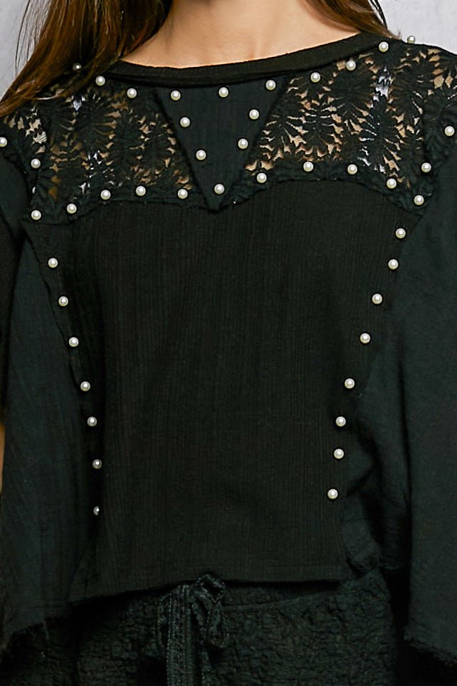 POL Lace Pearl Stud Round Neck Short Sleeve Shirt - Bitsy Gypsy Boutique