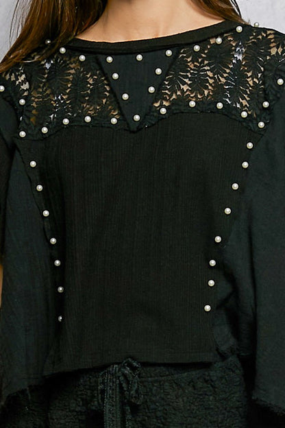 POL Lace Pearl Stud Round Neck Short Sleeve Shirt - Bitsy Gypsy Boutique