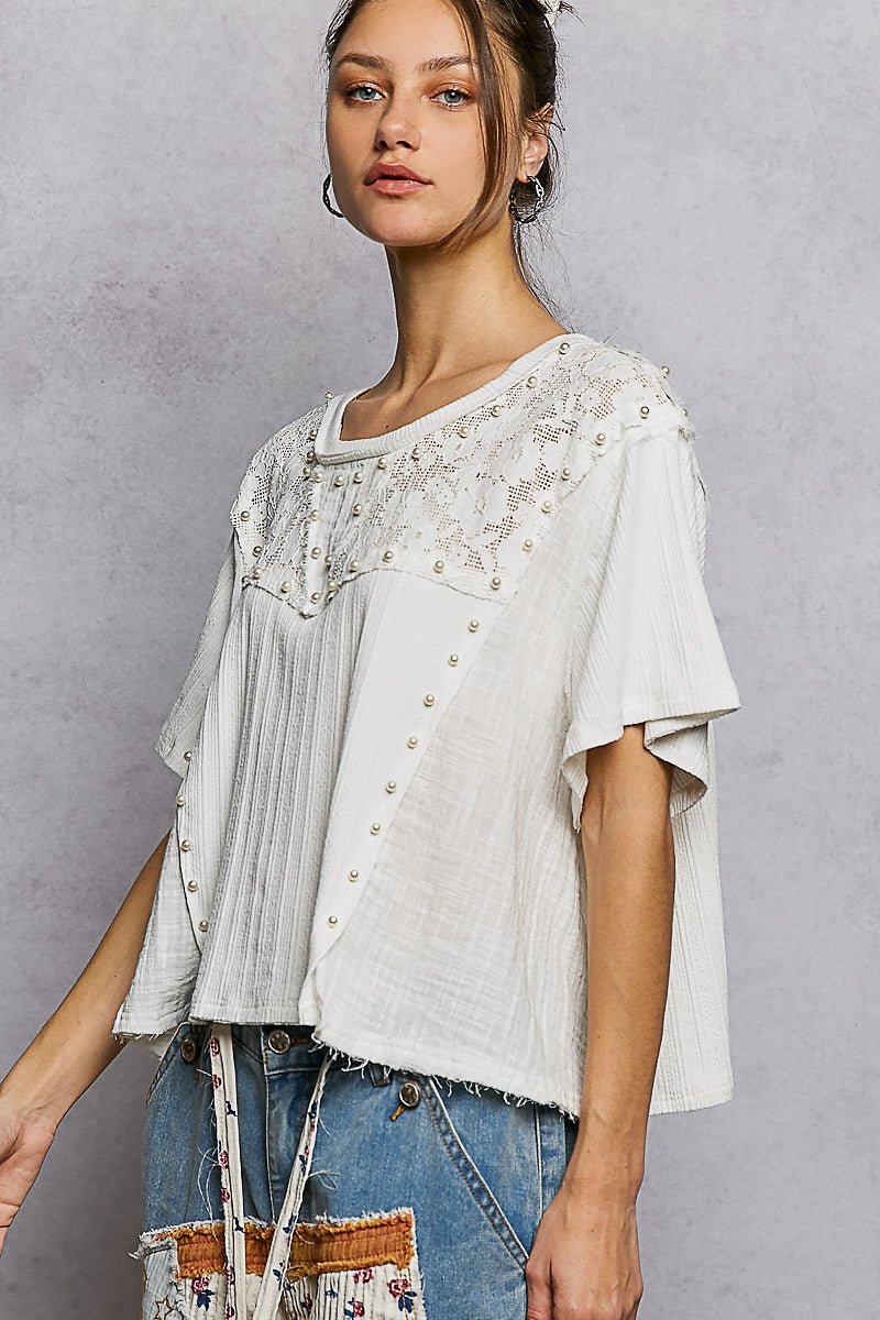 POL Lace Pearl Stud Round Neck Short Sleeve Shirt - Bitsy Gypsy Boutique