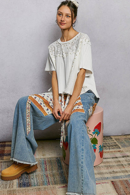 POL Lace Pearl Stud Round Neck Short Sleeve Shirt - Bitsy Gypsy Boutique