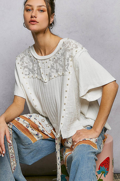 POL Lace Pearl Stud Round Neck Short Sleeve Shirt - Bitsy Gypsy Boutique