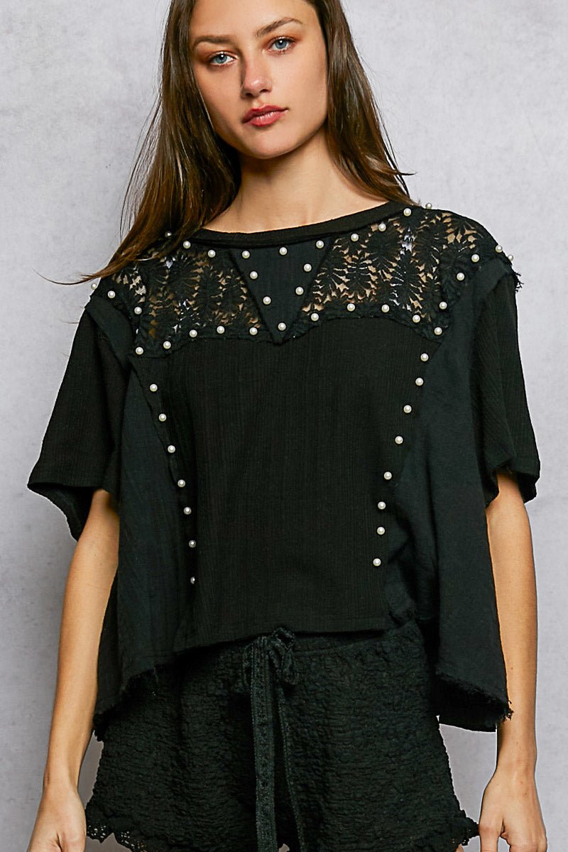 POL Lace Pearl Stud Round Neck Short Sleeve Shirt - Bitsy Gypsy Boutique