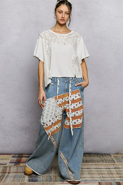 POL Lace Pearl Stud Round Neck Short Sleeve Shirt - Bitsy Gypsy Boutique