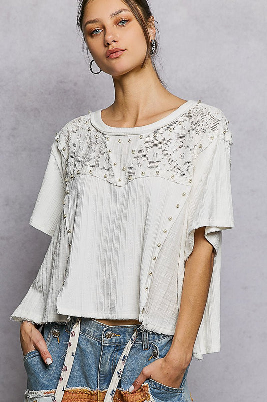 POL Lace Pearl Stud Round Neck Short Sleeve Shirt - Bitsy Gypsy Boutique