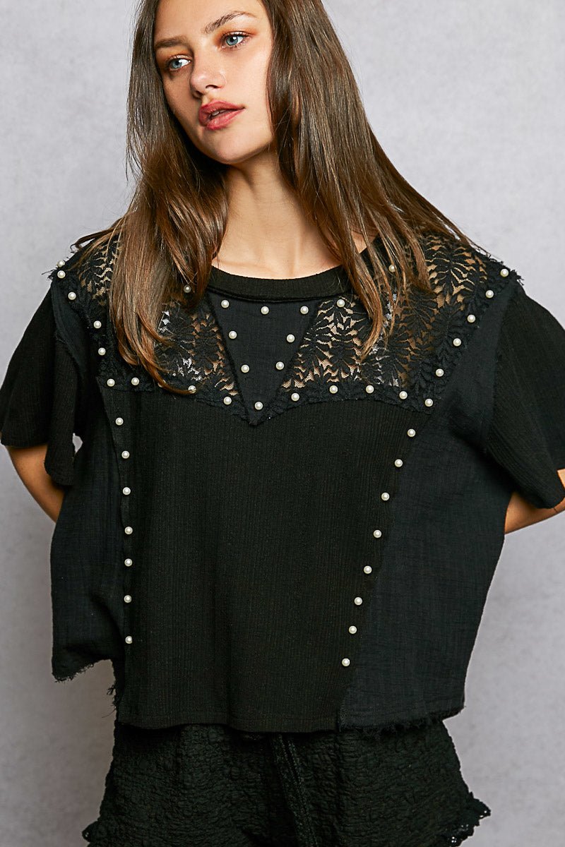 POL Lace Pearl Stud Round Neck Short Sleeve Shirt - Bitsy Gypsy Boutique