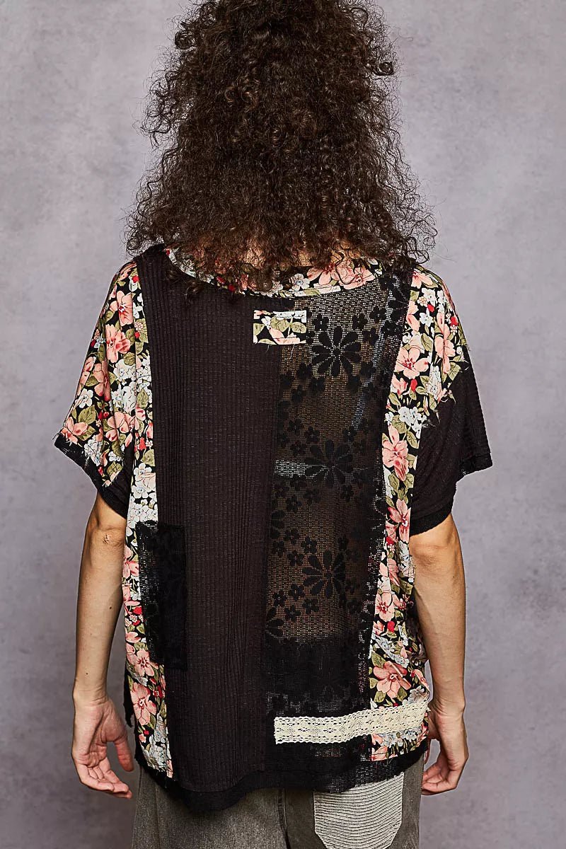 POL Lace Round Neck Short Sleeve Floral Pattern Top with Patch Detail - Bitsy Gypsy Boutique