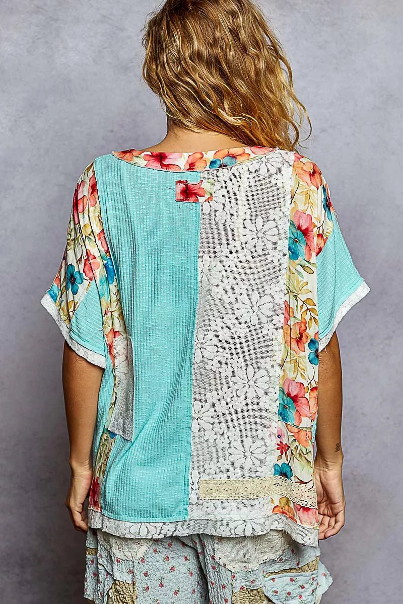 POL Lace Round Neck Short Sleeve Floral Pattern Top with Patch Detail - Bitsy Gypsy Boutique