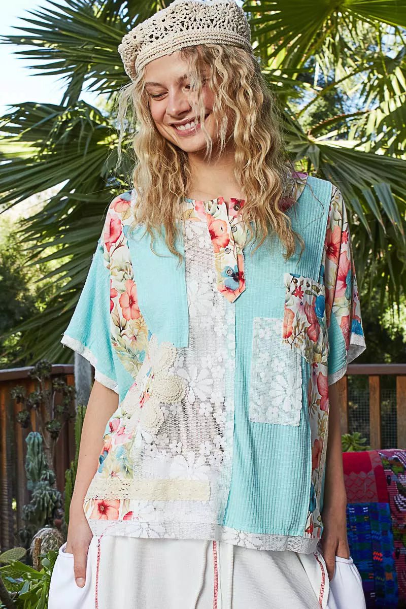 POL Lace Round Neck Short Sleeve Floral Pattern Top with Patch Detail - Bitsy Gypsy Boutique