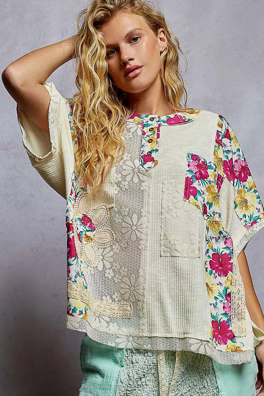 POL Lace Round Neck Short Sleeve Floral Pattern Top with Patch Detail - Bitsy Gypsy Boutique