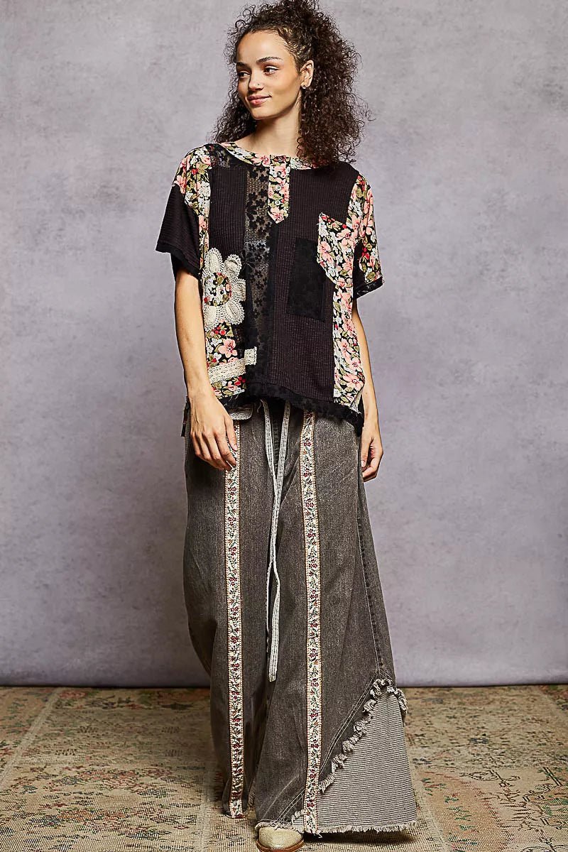 POL Lace Round Neck Short Sleeve Floral Pattern Top with Patch Detail - Bitsy Gypsy Boutique